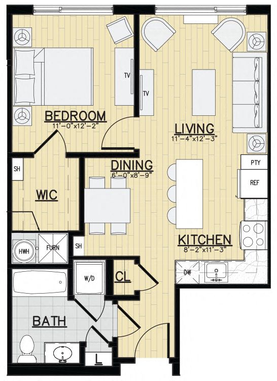Floor plan for 1 bed, 1 bath, 674 sqft